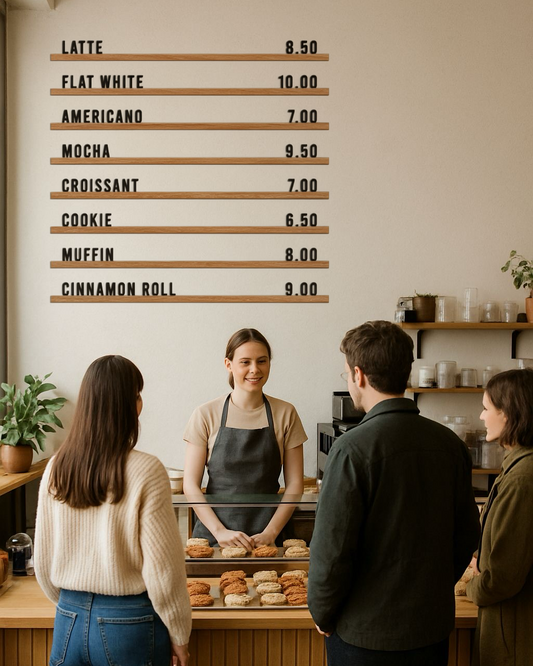 Handmade Wooden Menu Board, 100cm Wall Rails with Letter Sets, Oak, White, Black Options for Cafes & Restaurants, Letter Board for Coffeshop