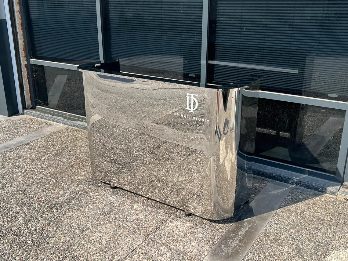 Custom Mirrored Stainless Steel Front Desk, Chrome Metal Reception Desk – Modern Luxury Reception Counter for Office, Salon & Store