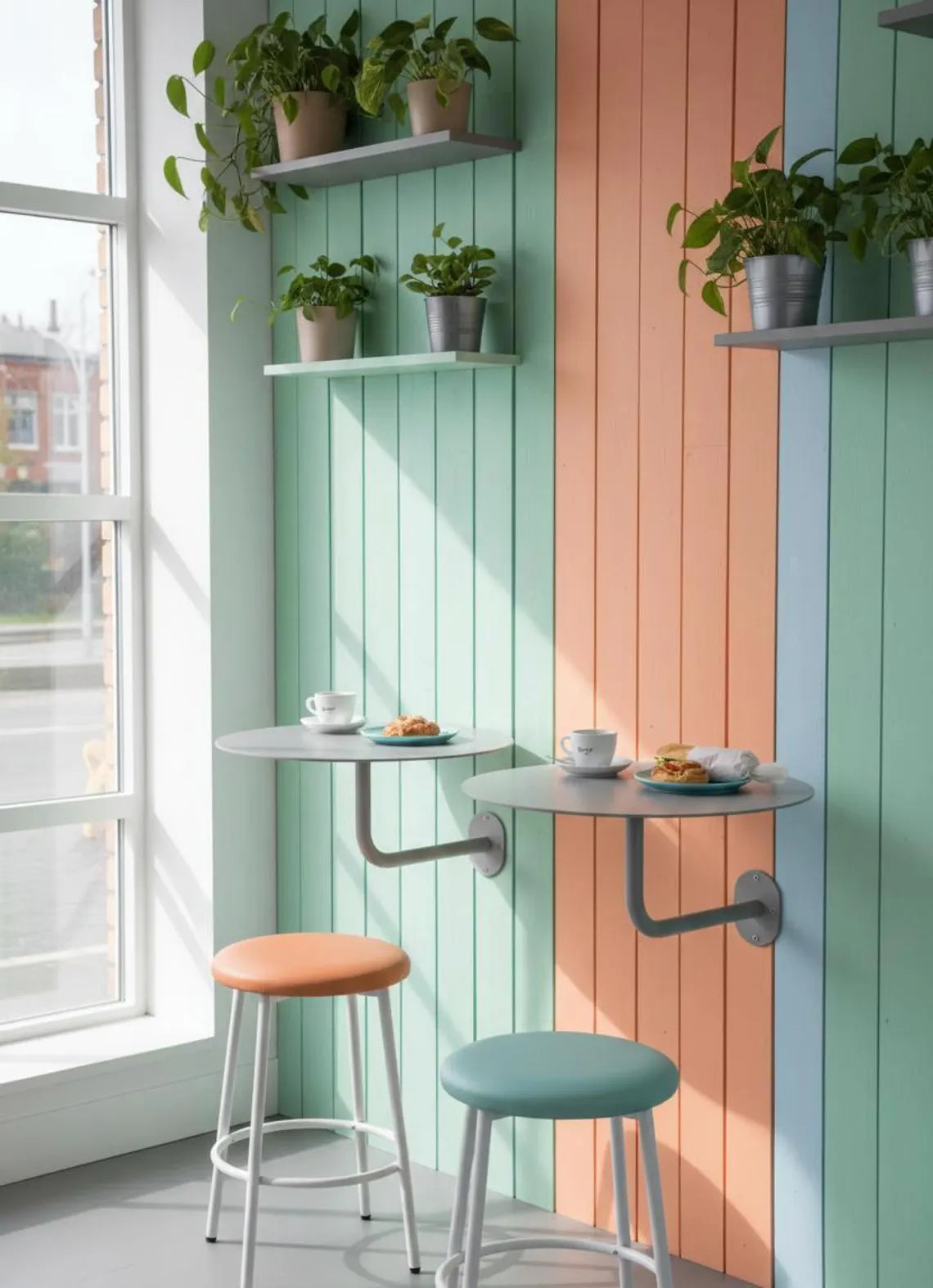 Wall Mounted Cafe Table, Industrial Metal Wall Mounted Cafe Table | Space Saving Bistro Bar Counter