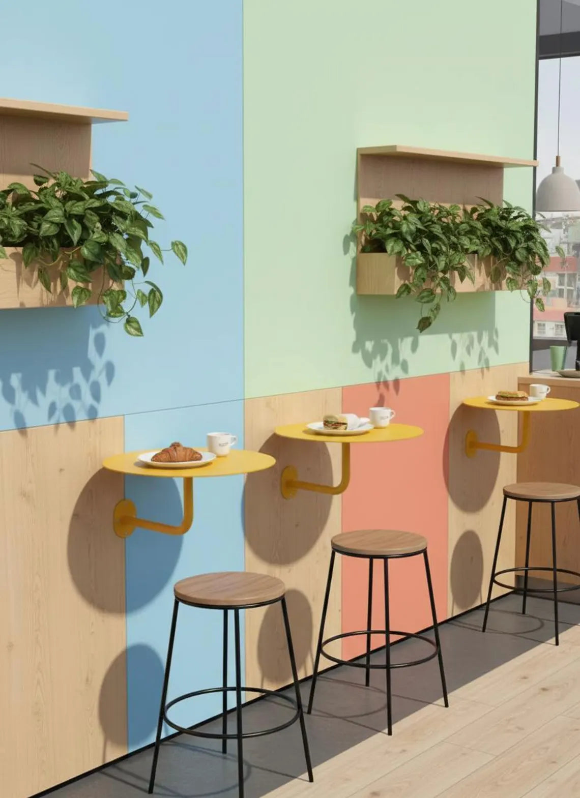 Wall Mounted Cafe Table, Industrial Metal Wall Mounted Cafe Table | Space Saving Bistro Bar Counter