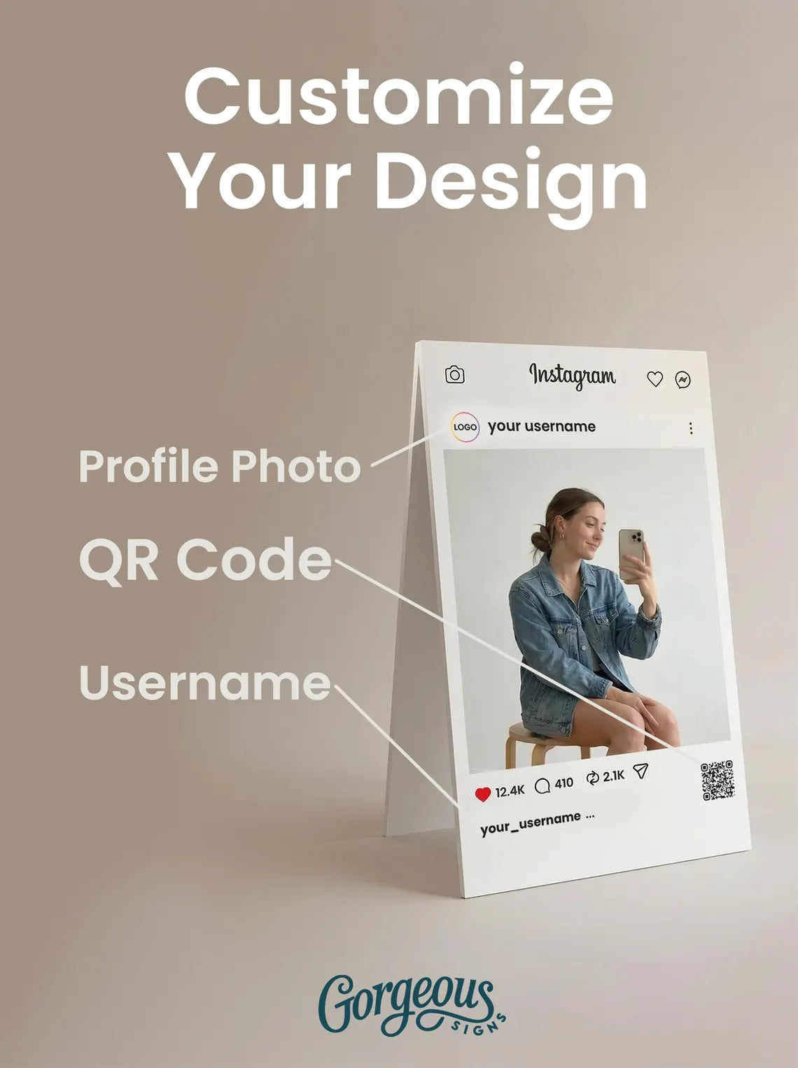 Luxury Metal Selfie Frame Sign – Custom Social Media Display with QR Code for Businesses