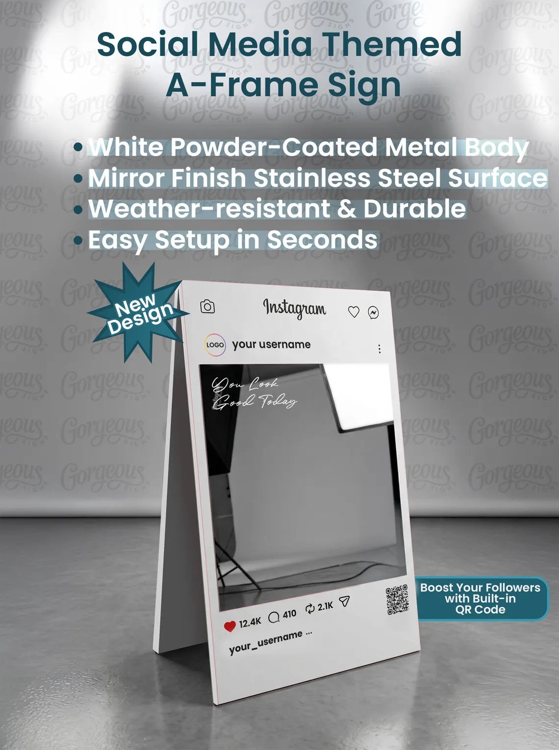 Luxury Metal Selfie Frame Sign – Custom Social Media Display with QR Code for Businesses